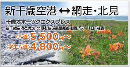 新千歳空港⇔網走・北見 千歳オホーツクエクスプレス 新千歳空港と網走・北見を結ぶ長距離都市間バス 1日1往復 《片道》5,500円〜