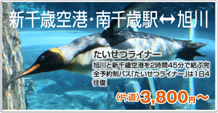 新千歳空港・南千歳駅⇔旭川 たいせつライナー 旭川と新千歳空港を2時間45分で結ぶ完全予約制バス「たいせつライナー」は1日4往復 《片道》3,800円〜